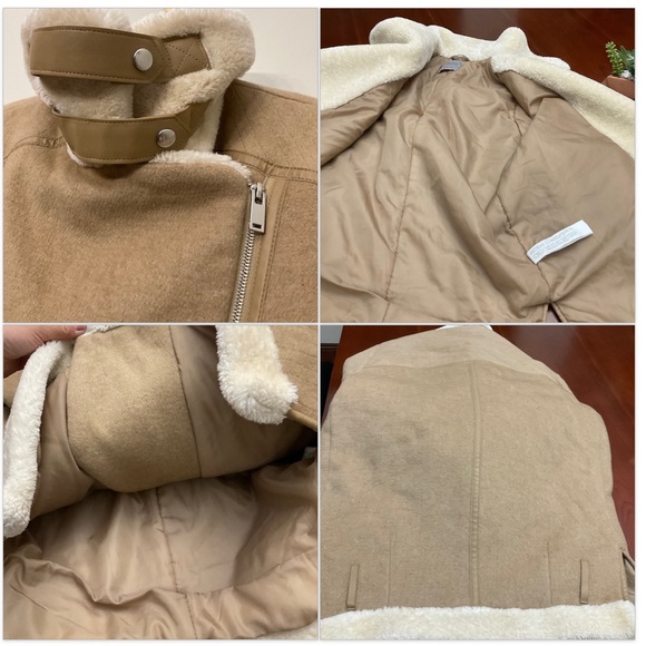 Zara Faux Fur Shearling and Suede Aviator Bomber Jacket Tan Beige Medium - Picture 13 of 13